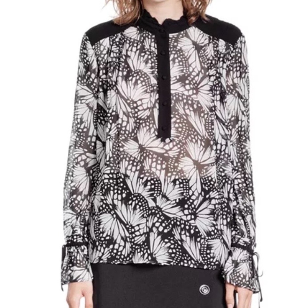 The Kooples Women’s Butterfly Button Down Ruffled Cuff Black White New Medium